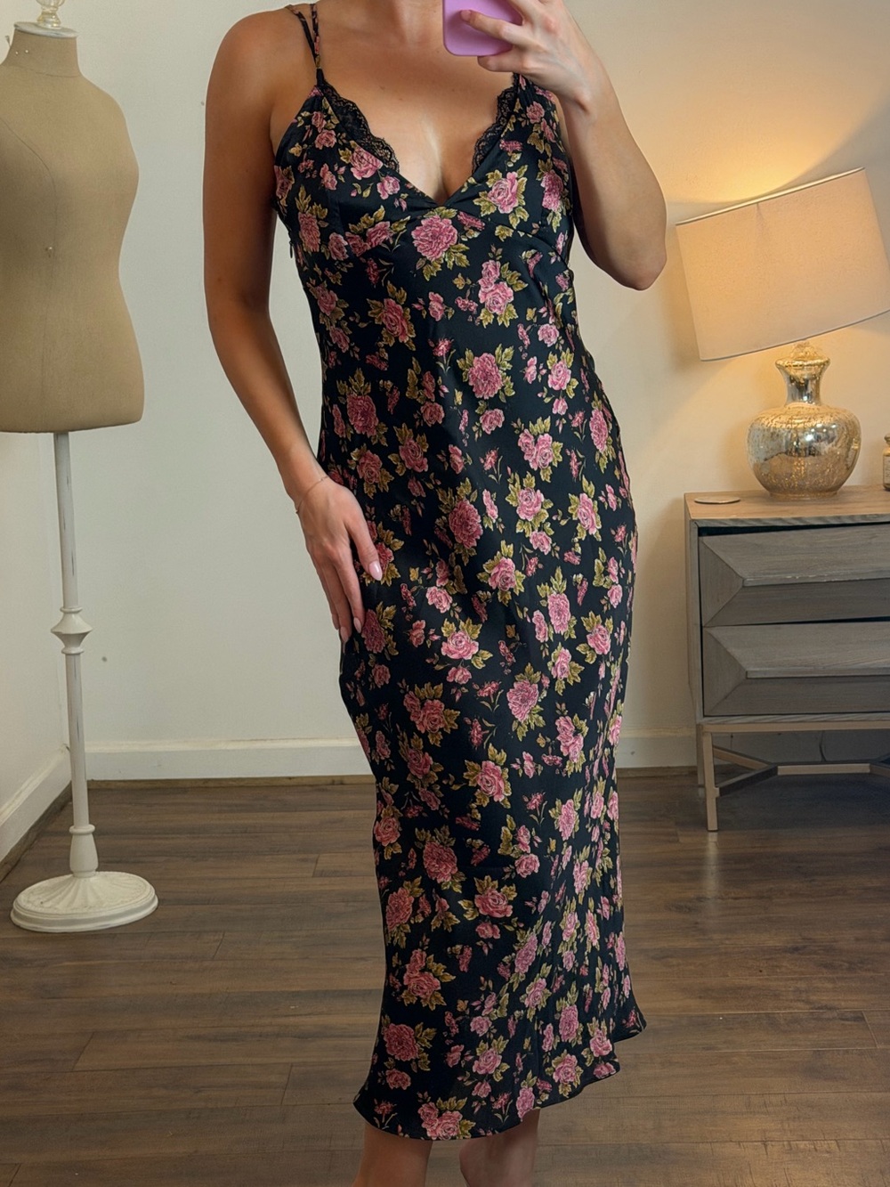 Zara Black Floral slip with Pink Accents